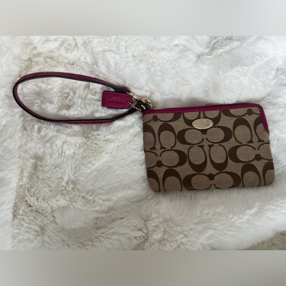 Tan with Magenta Coach Wristlet - Picture 1 of 2